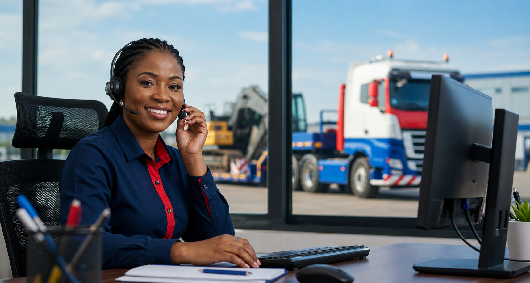 Smiling logistics support representative ready to assist clients