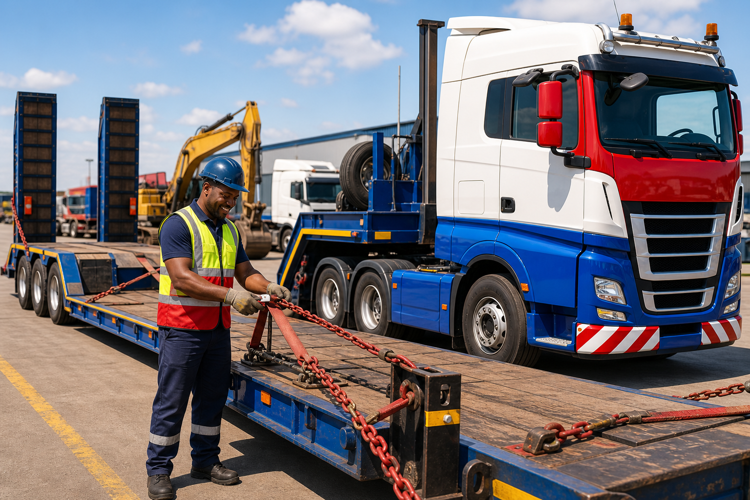 Smiling haulage operator with a lowbed truck